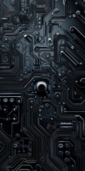 Poster - explore the intricate design of a black circuit board, featuring detailed patterns and modern aesthe
