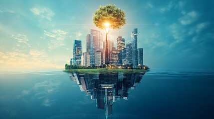 Poster - A stunning futuristic city island arises from a serene body of water, featuring a central tree that reflects harmony between nature and urban growth at sunset.