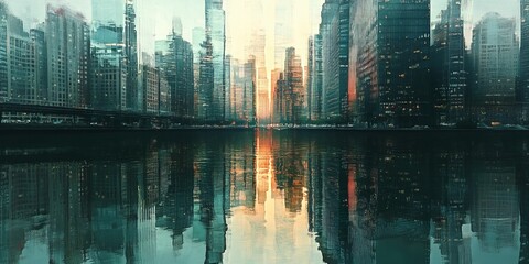 Poster - Captivating urban landscape showcasing city skyscrapers at sunset, with stunning reflections on the water surface, creating a tranquil and atmospheric scene.
