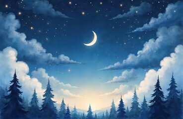 Poster - AI generated watercolor night sky illustration with stars, clouds and moon above blue spruce trees. Generative art fairytale background. Peaceful landscape, dreamlike scenery art for kids.