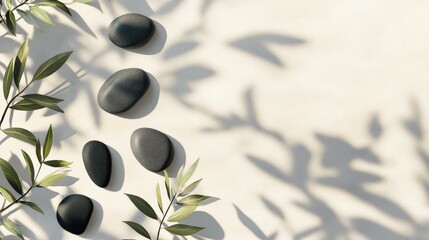 Poster - smooth black stones arranged artistically on a light background with green leaves casting shadows