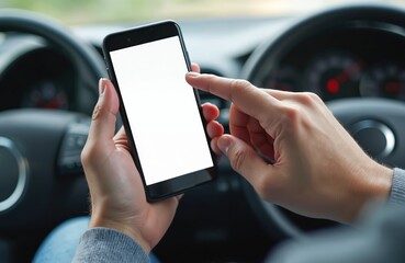 Leinwandbilder - Close-up of man driving car, using smart mobile phone with blank white screen. Driver uses app for navigation, communication while traveling. Concept of modern tech in vehicles.