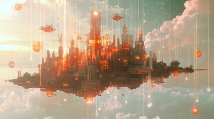 Poster - Experience a stunning floating cityscape bathed in glowing light, suspended in the sky amidst ethereal clouds, blending technology and dreamlike beauty.