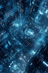 Poster - Futuristic Digital Environment with Glowing Blue Circuit Patterns