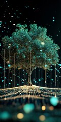 Poster - A captivating glowing tree surrounded by floating particles creates an enchanting atmosphere. The vibrant colors and mystical ambiance evoke a sense of tranquility and wonder.