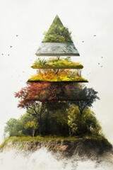 Poster - This surreal artwork features layered triangular shapes above a lush forest, blending seasons and styles, creating a harmonious and imaginative landscape.