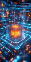 Poster - This image features a vibrant digital processor illuminated by neon lights. The futuristic design emphasizes connectivity and technology in an abstract 3D environment.