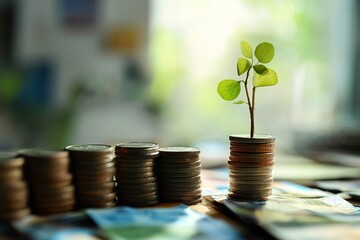 Poster - A stack of coins is on a table with a small plant growing out of it. The coins are arranged in a pyramid shape, with the smallest coin at the bottom and the largest at the top