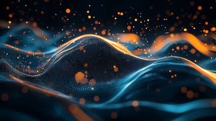 Poster - Abstract blue orange digital wave particle background design 3d glow data flow light space style