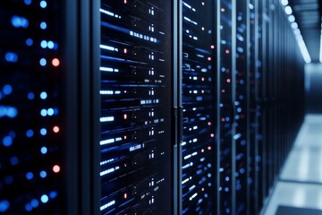 Poster - A row of computer servers with blue lights and red lights. The servers are lined up in a row, with each server having its own set of blue and red lights