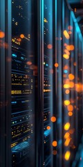 Poster - Explore a futuristic data center filled with server racks and illuminated elements. This image captures the essence of modern technology and digital infrastructure.