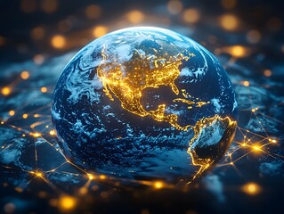 Poster - radiant glowing planet earth at night with illuminated global network