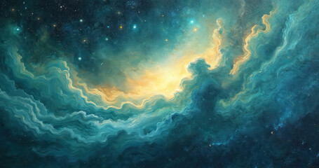 Aufkleber - Abstract cosmic nebula painting with swirling teal and yellow clouds and starfield. Dreamlike modern artwork with textured swirling stellar clouds, conceptual creative science design element.