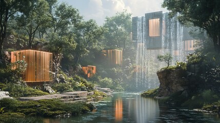 Poster - Explore a dreamlike surrealistic landscape where IoT technology harmonizes with nature. Witness the serene environment with stunning architecture and cascading water.