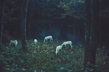 Poster - A mystical scene of white deer grazing quietly in a lush forest. The misty atmosphere enhances the tranquil and enchanting vibe of the twilight setting.