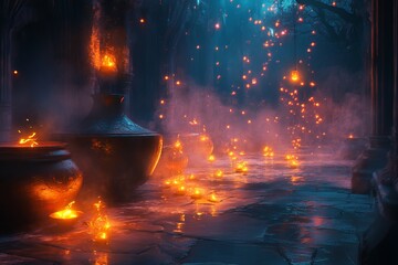 Poster - An enchanting scene featuring glowing pots amidst mystical mist, set in twilight. The warm firelight contrasts beautifully with the cool shadows, creating a magical atmosphere.