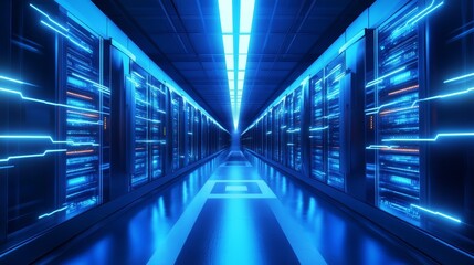 Poster - A breathtaking view of a futuristic data center corridor illuminated by blue neon lights. This image showcases modern servers lined in a sleek, high-tech environment.