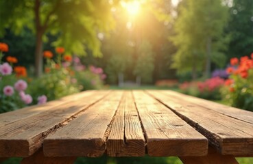 Aufkleber - Wooden table top background with blurred flowers and plants. Garden picnic table with sunlit nature backdrop. Empty wood surface with bokeh for product display.