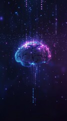 Poster - Futuristic Digital Brain Surrounded by Neon Light Effects and Data