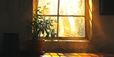 Poster - Experience the tranquil beauty of sunlight streaming through a window during the golden hour, illuminating a cozy interior and a vibrant plant.