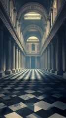 Poster - Grand Interior of an Elegant Building with Columns and Checkered Floor