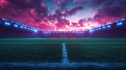 Poster - empty football stadium at dusk with illuminated blue spotlights background,cartoon illustration style