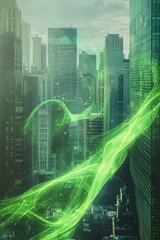 Poster - Experience a captivating urban scene featuring green light trails flowing over towering skyscrapers, creating an enchanting blend of nature and modern architecture.