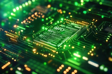 Poster - explore a vibrant green digital network background featuring intricate electronic patterns. perfect 