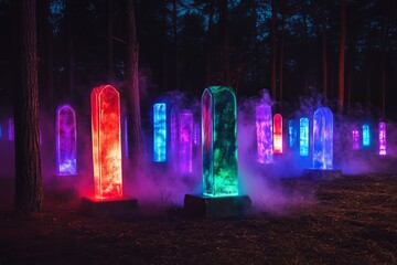 Poster - A stunning artistic installation in a dark forest featuring colorful illuminated monuments surrounded by mist, creating an enchanting and dreamlike atmosphere.
