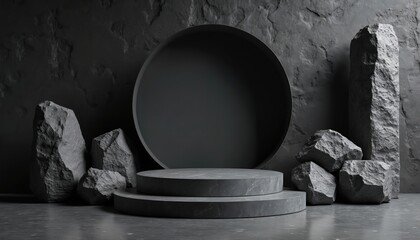 Aufkleber - Black geometric stone, rock shape background for product display. Minimalist mockup template. Modern podium, platform for cosmetic, beauty product showcase, presentation. Abstract scene with blank