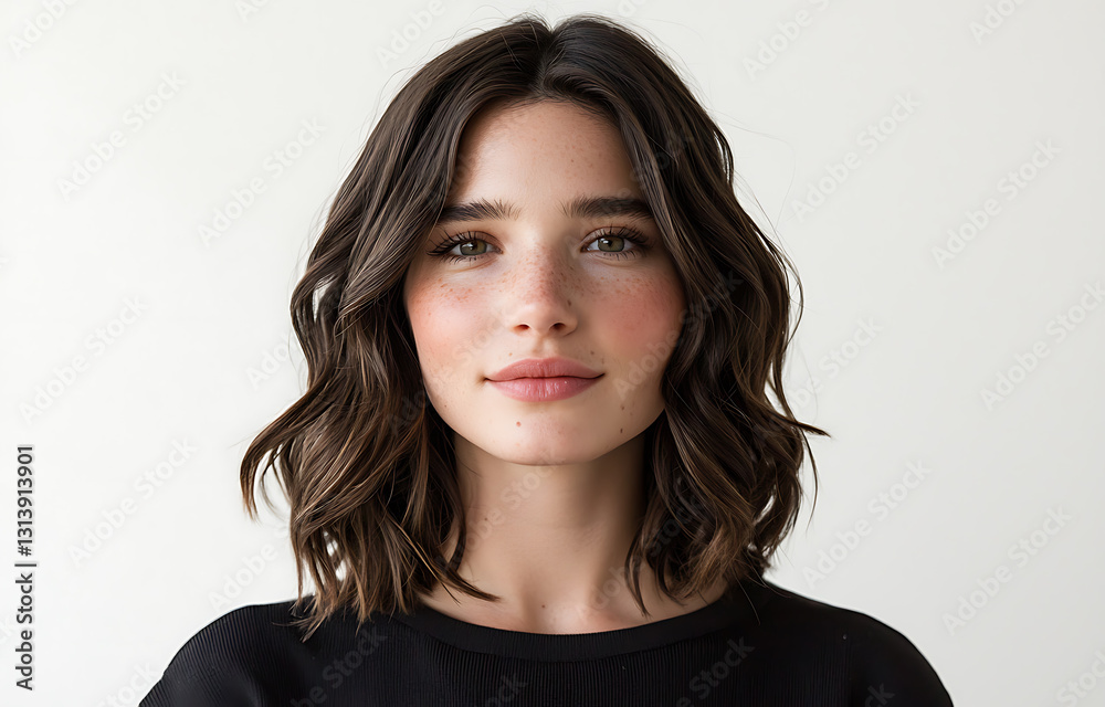 Portrait of a young woman with wavy hair indoor studio photography ...
