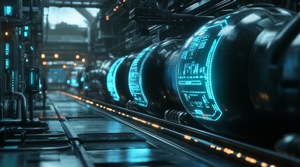 Poster - Futuristic Industrial Scene with High-Tech Pods and Neon Lights