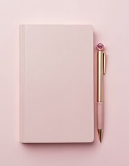 Poster - Top view of pink hardcover notebook with gemstone pen on light pink surface. Girlie stationery minimal composition. Education, study concept. Mockup template for diary, journal with copy space for