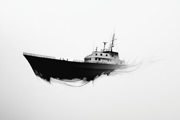 Poster - Abstract Black Ship Silhouette with Artistic Flowing Lines in Fog