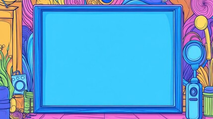 Aufkleber - Empty frame stands on floor in front of colorful, trippy, psychedelic interior background