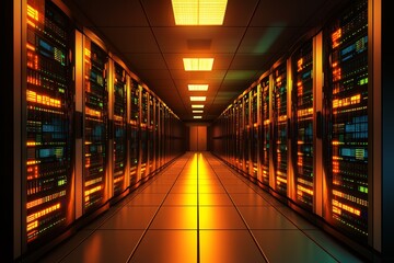 Poster - A futuristic data center featuring illuminated server racks and vibrant cables creates an innovative space. The glowing lights reflect modern technology and efficiency.