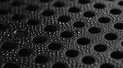 Poster - Abstract black perforated surface with water droplets texture wet dark dots metal macro shiny holes