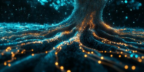 Poster - A mesmerizing view of illuminated tree roots, featuring glowing blue and orange lights. The serene atmosphere creates a blend of nature and technology, inviting reflection.