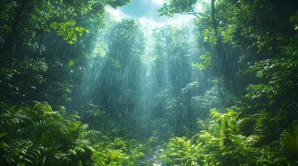 Poster - Serene Rainforest After a Rainstorm with Glistening Foliage and Winding Streams