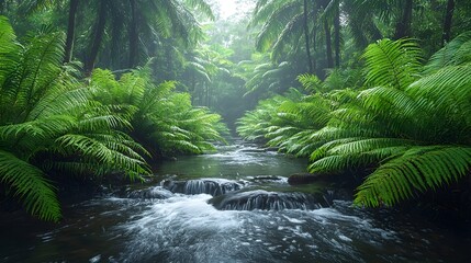 Poster - Serene Rainforest Glowing After Rainstorm with Lush Foliage and Trickling Streams