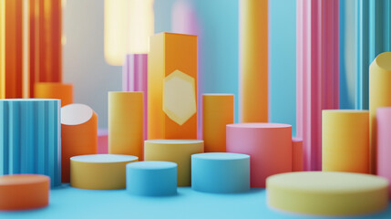 Poster - Abstract colorful geometric shapes pastel background design illustration 3d art cyan pink blue style
