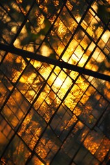 Poster - Beautiful warm sunlight filters through decorative glass panels, creating an enchanting play of colors and reflections. Perfect for nature and design themes.
