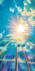 Poster - This image captures a striking view of a modern glass building reflecting bright sunlight against a blue sky, showcasing architectural beauty and vibrant energy.
