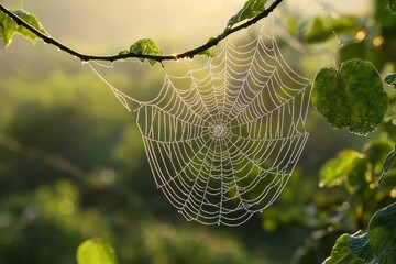 Poster - A stunning close-up of a dew-covered spider web hanging delicately from a branch, illuminated by soft morning sunlight with lush greenery in the background.