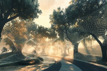 Poster - An enchanting forest pathway is illuminated by soft sunlight, showcasing abstract digital effects among lush greenery, creating a serene and tranquil atmosphere.