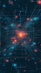 Poster - This vibrant abstract image features a flow of energy through a geometric space, showcasing bright particles and captivating colors that represent technological innovation.