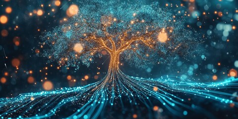 Poster - A stunning digital representation of a tree with glowing roots and vibrant colors. This abstract creation merges nature and technology, creating a serene atmosphere.