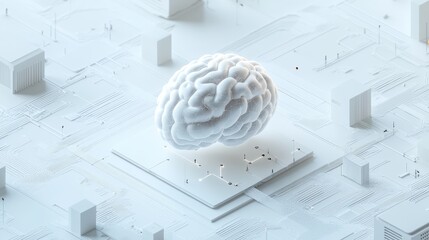 Poster - This digital artwork showcases a floating brain in a futuristic landscape, symbolizing the intersection of technology and human cognition, inspiring innovation in various fields.