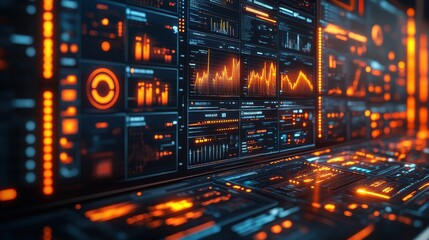 Poster - futuristic ai technology displayed on a screen in a high tech office setting charts and graphs represent data analysis and innovation highlighting the integration of artificial intelligence