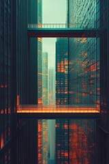Poster - Futuristic Urban Landscape with Glowing Glass Skyscrapers and Elevated Walkway at Twilight